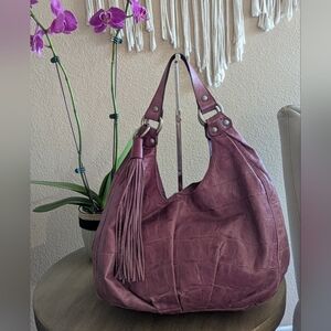abro Distressed Leather Plum Hobo Bag with Bag Charm Fringe Boho